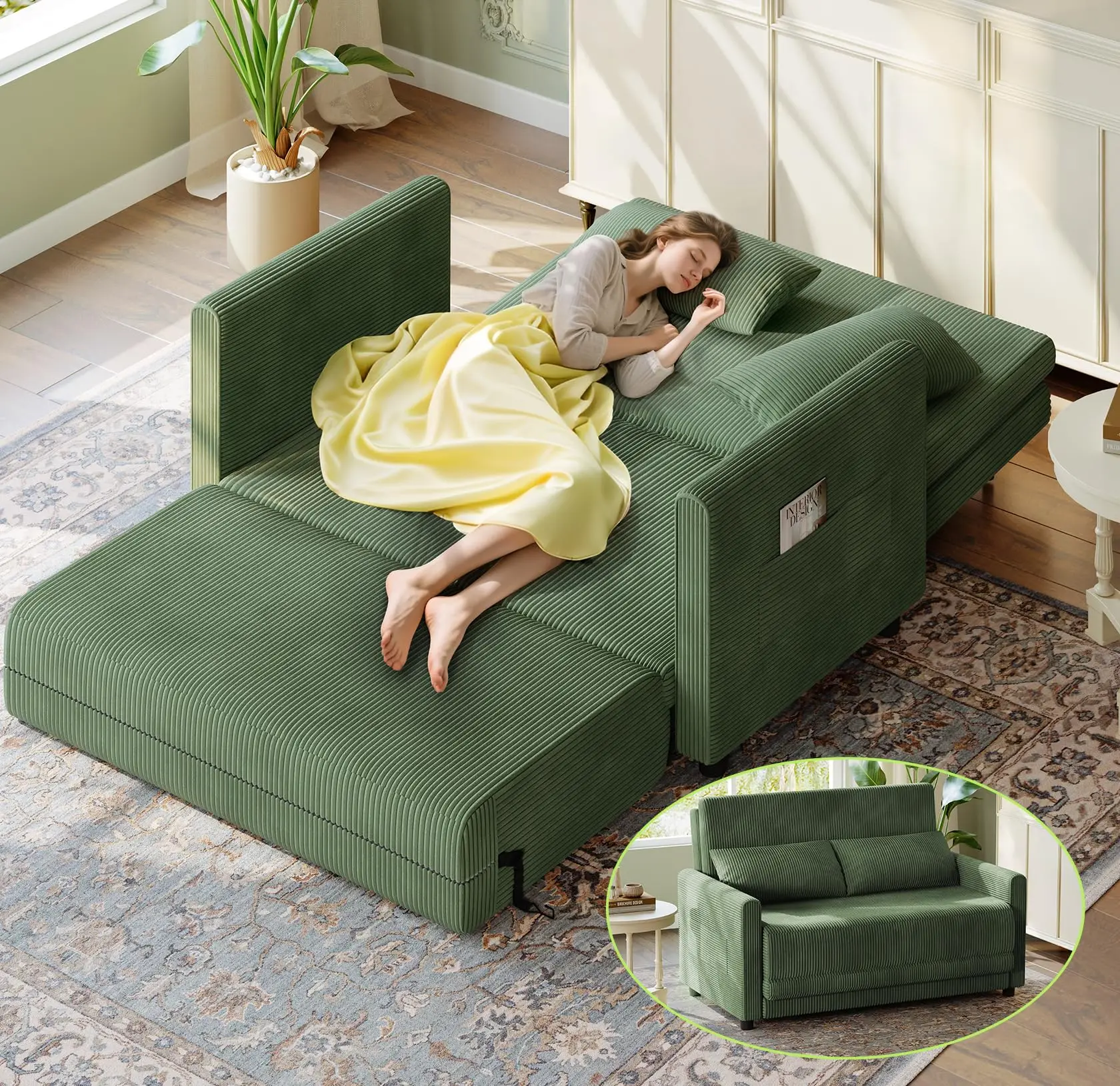 #￥Stackable Sofa Bed Corduroy Couch Bed 6-Position Adjustable Loveseat Love Seat Sleeper Sofa Bed for Living Room Apartment Home