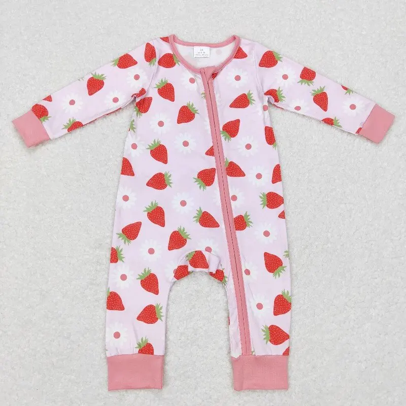 X9.29 Hot selling Milk silk baby girl romper wholesale flower strawberry pink zipper long sleeve onesie