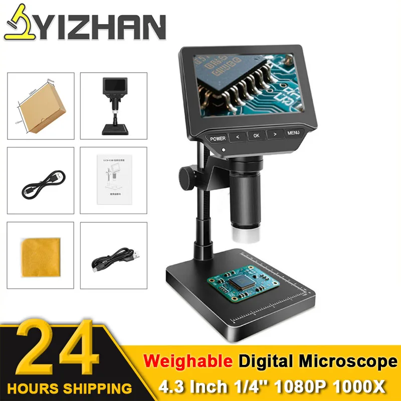 

4.3Inch Dight Video Microscope 1000X 0-300g Coin Weighing Microscope 1080P 1/4'' With Light For Phone PCB Repair Inspection Tool