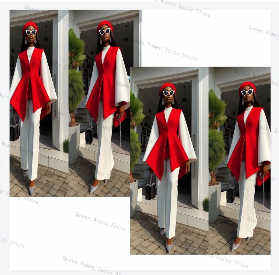 White Red Women Suit Set 2 Piece Blazer Pants Trousers Ruffles Hem Formal Office Lady Jacket Cotton Wedding Prom Coat Customized