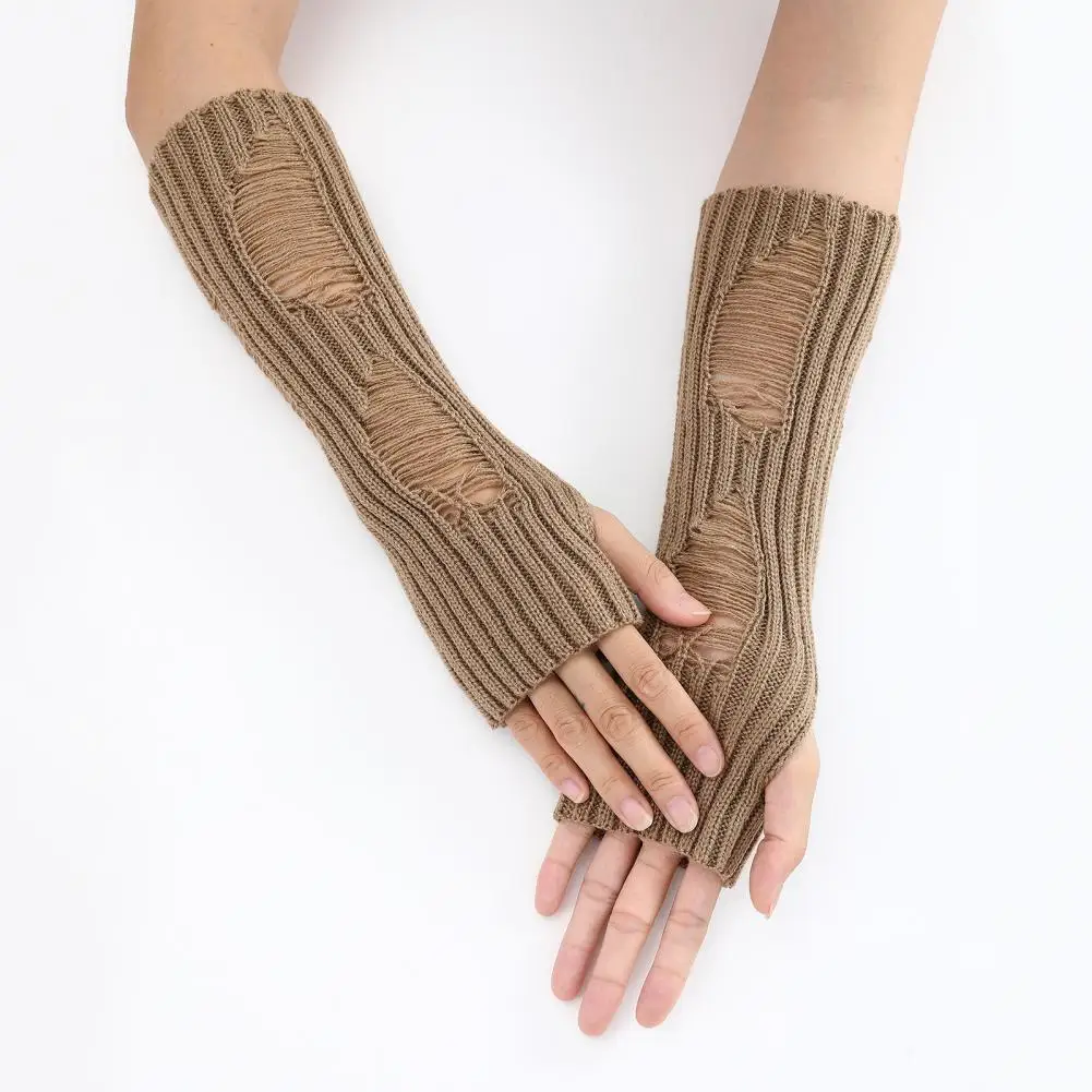 Warm Gloves Knitted Fingerless Arm Warmers for Fall Winter Cycling Non-slip High Elasticity Gloves with Ripped Design Keep Warm