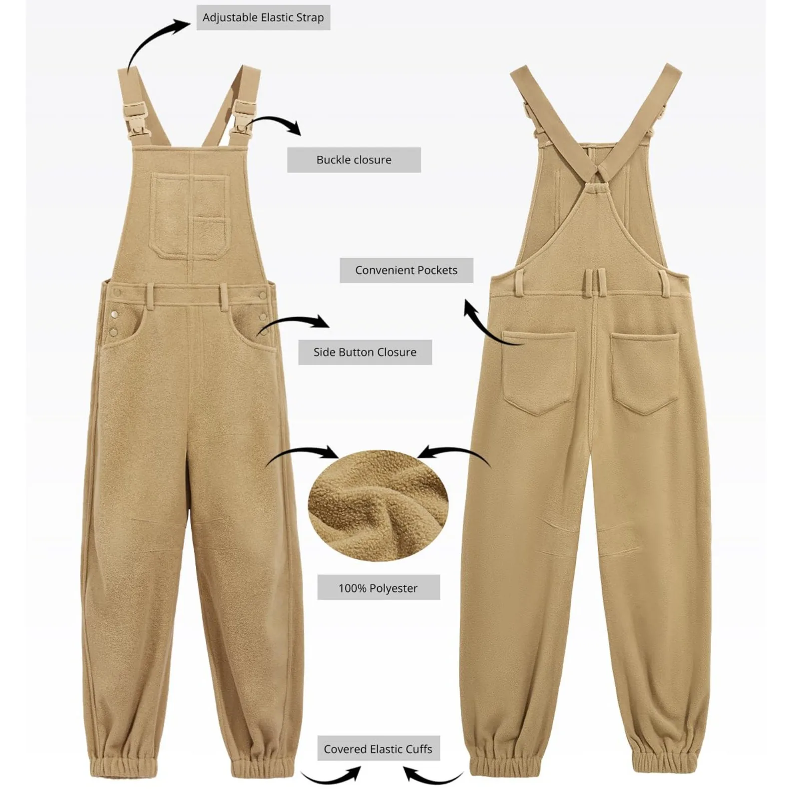 جمبسوت نسائي من الصوف سميك دافئ للخريف والشتاء فضفاض بأشرطة قابلة للتعديل جمبسوت غير رسمي مع جيوب Enterizos Para Mujer