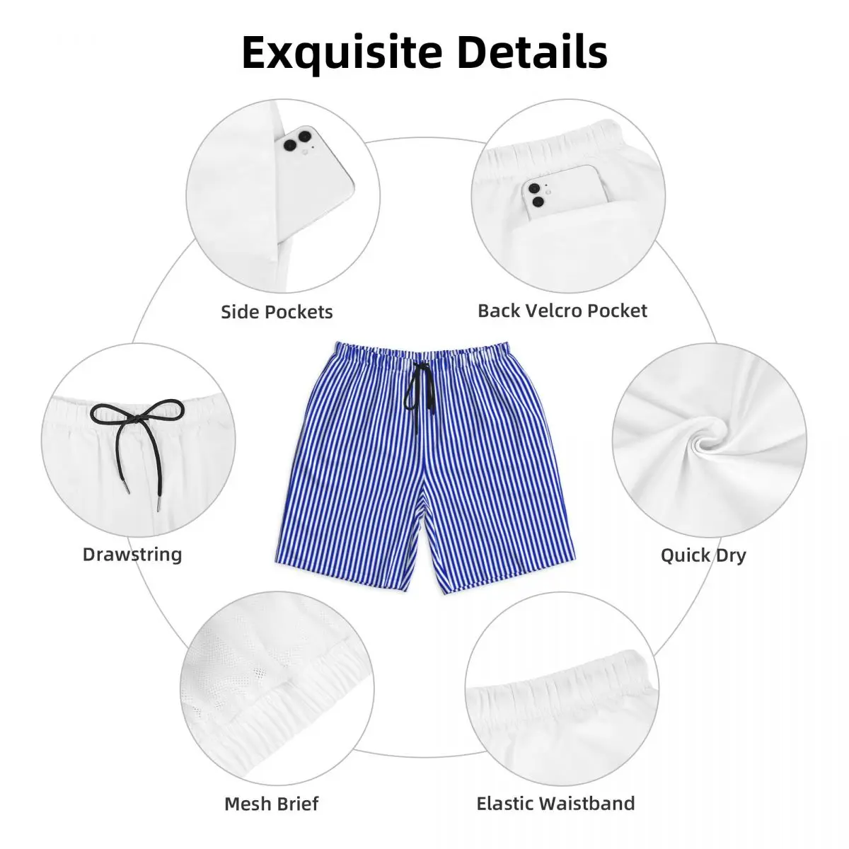 Nautical Sailor Board Shorts Summer Blue and White Vertical Stripe Sports Board Short Pants Men Quick Dry Plus Size Swim Trunks