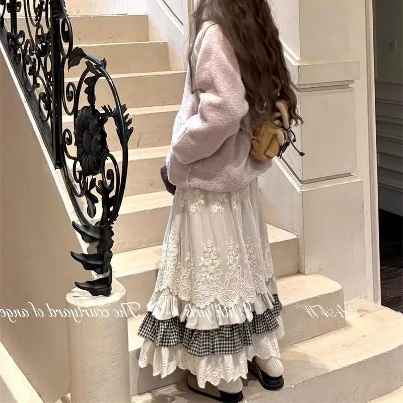 Japanse Vintage Zoete Y2k Mid-lengte Patchwork Rok voor Vrouwen Winter All-Match A-lijn Faldas Mujer Moda Kawaii rok