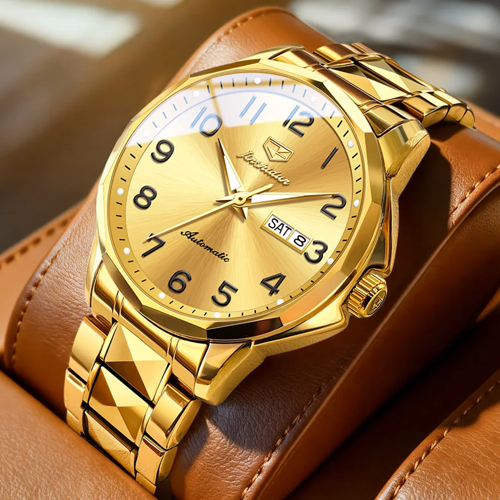 JSDUN 8990 Mens Watch Luxury Mechanical Wristwatch Waterproof Luminous Calendar Window Week Date Waterproof Watches For Man