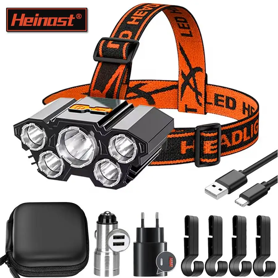 

Heinast Powerful 5 LED Headlamp USB Charging 18650 Built-in Battery Headlight Torch Portable Head Flashlight Fishing Lantern