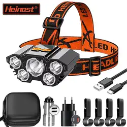 Heinast Powerful 5 LED Headlamp USB Charging 18650 Built-in Battery Headlight Torch  Portable Head Flashlight Fishing Lantern