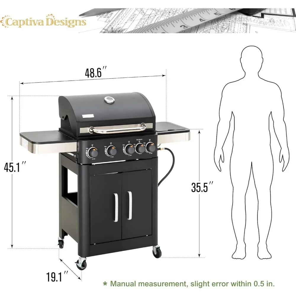 4-Burner Propane Gas BBQ Grill with Side Burner & Porcelain-Enameled Cast Iron Grates, 46,700 BTU Output