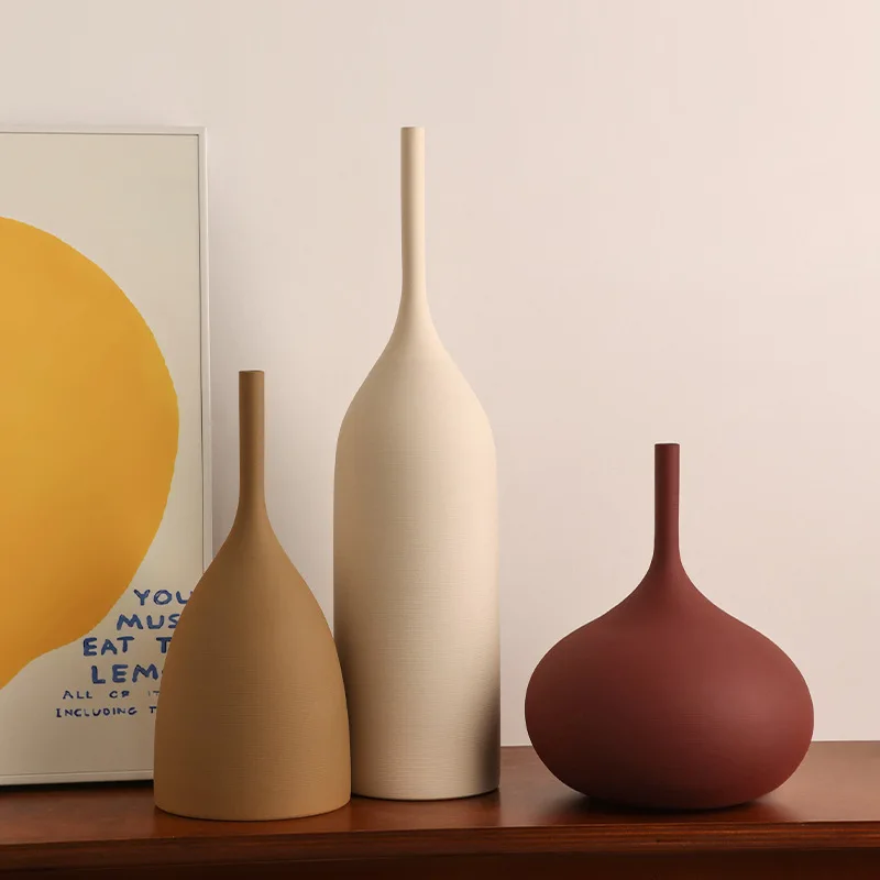 HT Handmade Brushed Ceramic Vase Vintage Wabi-Sabi Home Living Room Morandi Decorative Ornament