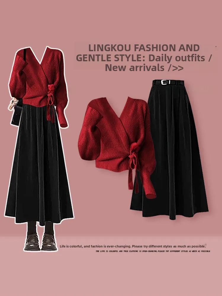 

Ele вязаный свитер и юбка-трапеция для женщин в красном цвете, высококачественный костюм больших размеров, осенний костюм из двух предметов Faion