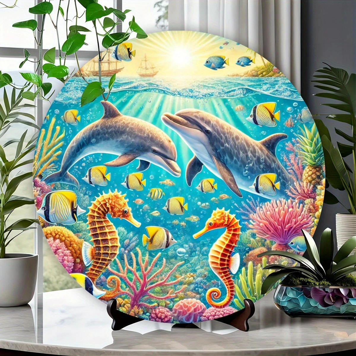 2D 1PCS 20CM Marine-Themed Wooden round Plate Decorative Home Items Summer Refreshing Furniture Hanging Wall Outdoor Decoration