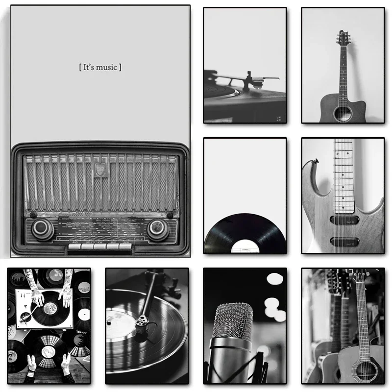 Vintage Music Vinyl Record Poster Wall Art Black and White Photo Headphone Radio Canvas Painting Prints Music Studio Room Decor