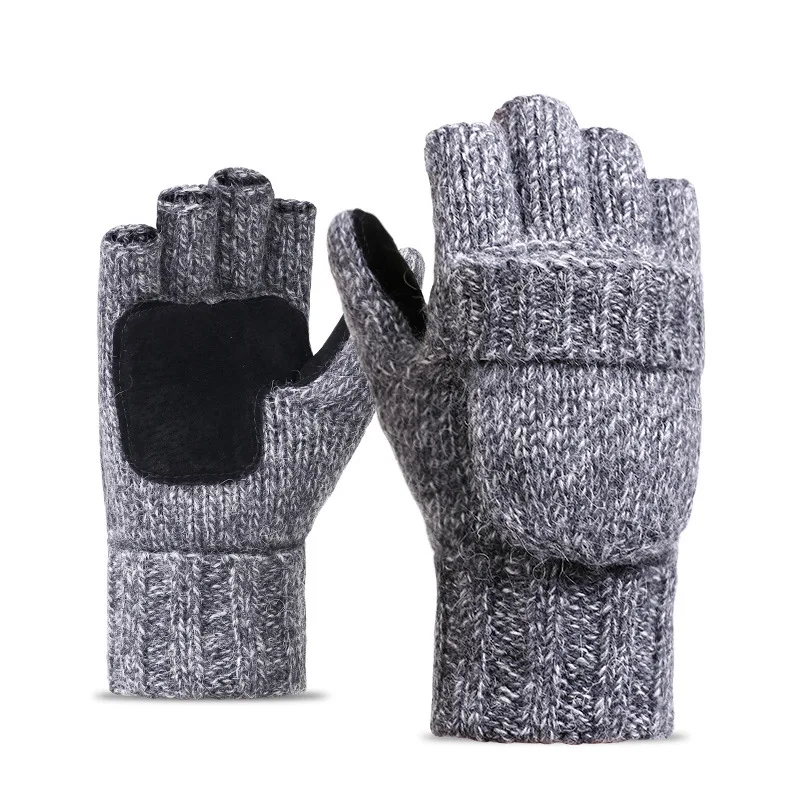 Winter Wool Warm Half Finger Flip Gloves Mittens Unisex Double Layer Outdoor Cold and Windproof Knitted Warm Gloves