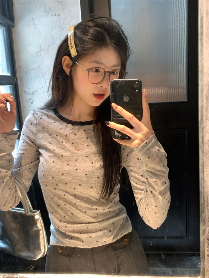 Gray Polka Dot Long Sleeve Women\'s T-shirt Shoulder Width Regular Fit Base Layer Top Korean Style Spring New High End Feeling