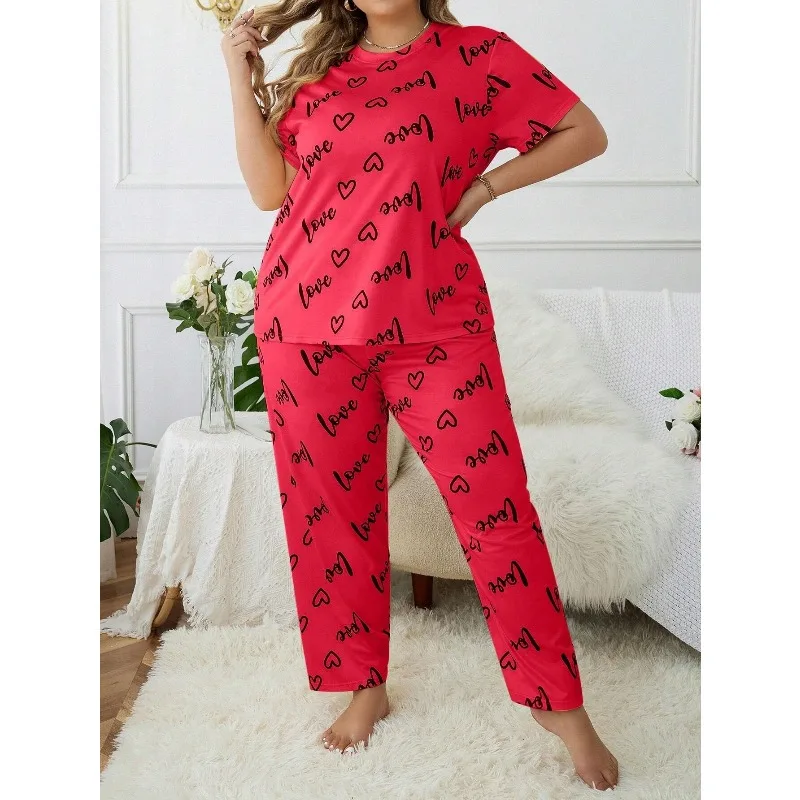 

2pcs Set Women's Plus Size Homewear Set Heart Print Round Neck Short Sleeve Long Pants Pajama Set Soft Comfortable