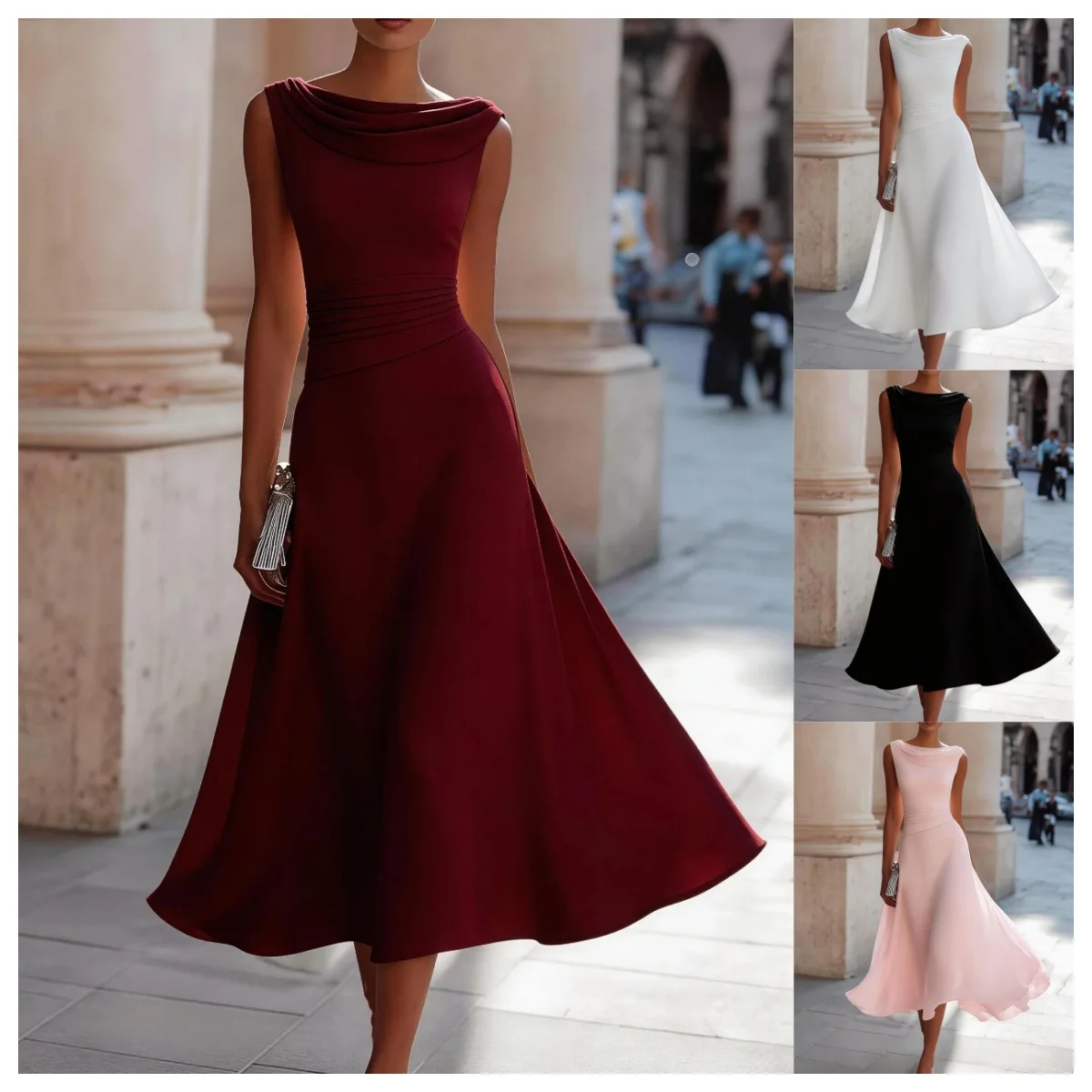 Women Draped Cowl Neck Sleeveless Waist Ruched Midi Dress Elegant Formal Wedding Guest Swing Dress