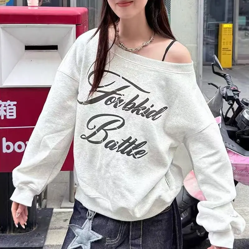 Fashionable Off Shoulder American Hoodies Spring Autumn Long Sleeve Female Clothing Printed Casual Skew Collar Loose Sweatshirts