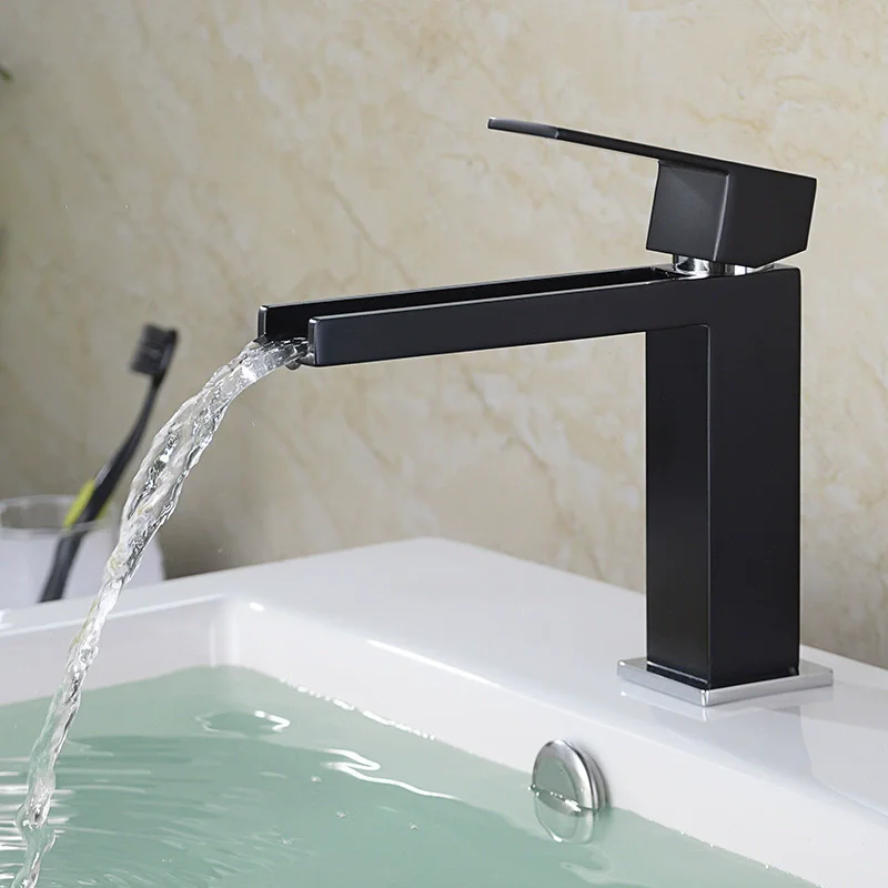 

New Brush gold Bathroom Basin Faucet Brass Hold and Cold Sink Mixer Black Water Mixer Sinle Lever Square Waterfall sink mixer