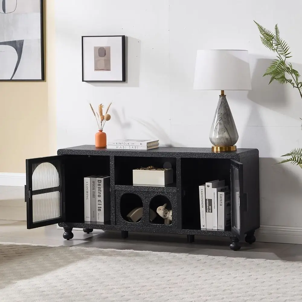 47 Wide Glass Door Accent Sideboard with Arched Doors and Shelf for Home Entryway, Black view 6