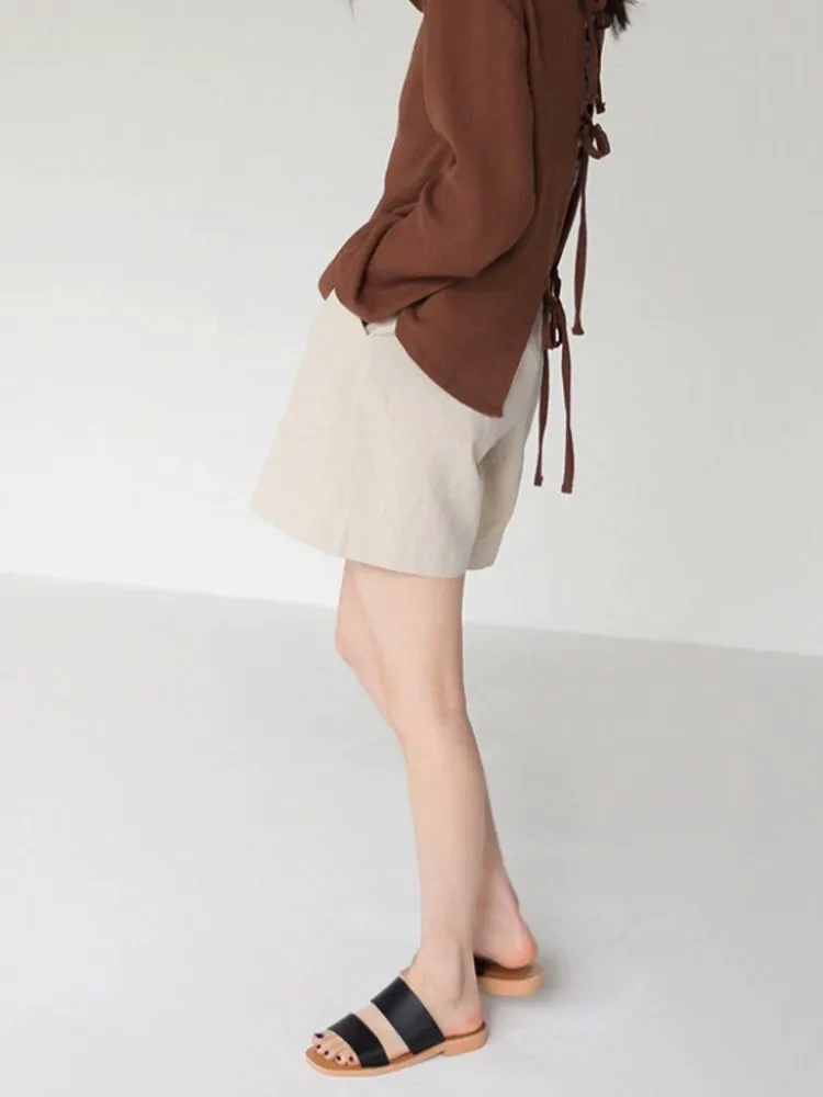 Summer Women Breathable Solid Color Shorts Mid High Waist Cargo Shorts Fashion Casual Female Streetwear Wide Leg Short Trousers
