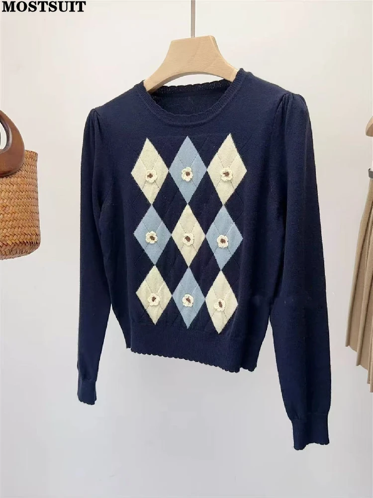 

Diamonds Flower Knit Sweater Pullover Women 2026 Spring Long Sleeve O-neck Knitwear Tops Stylish Vintage Chic Ladies Jumpers