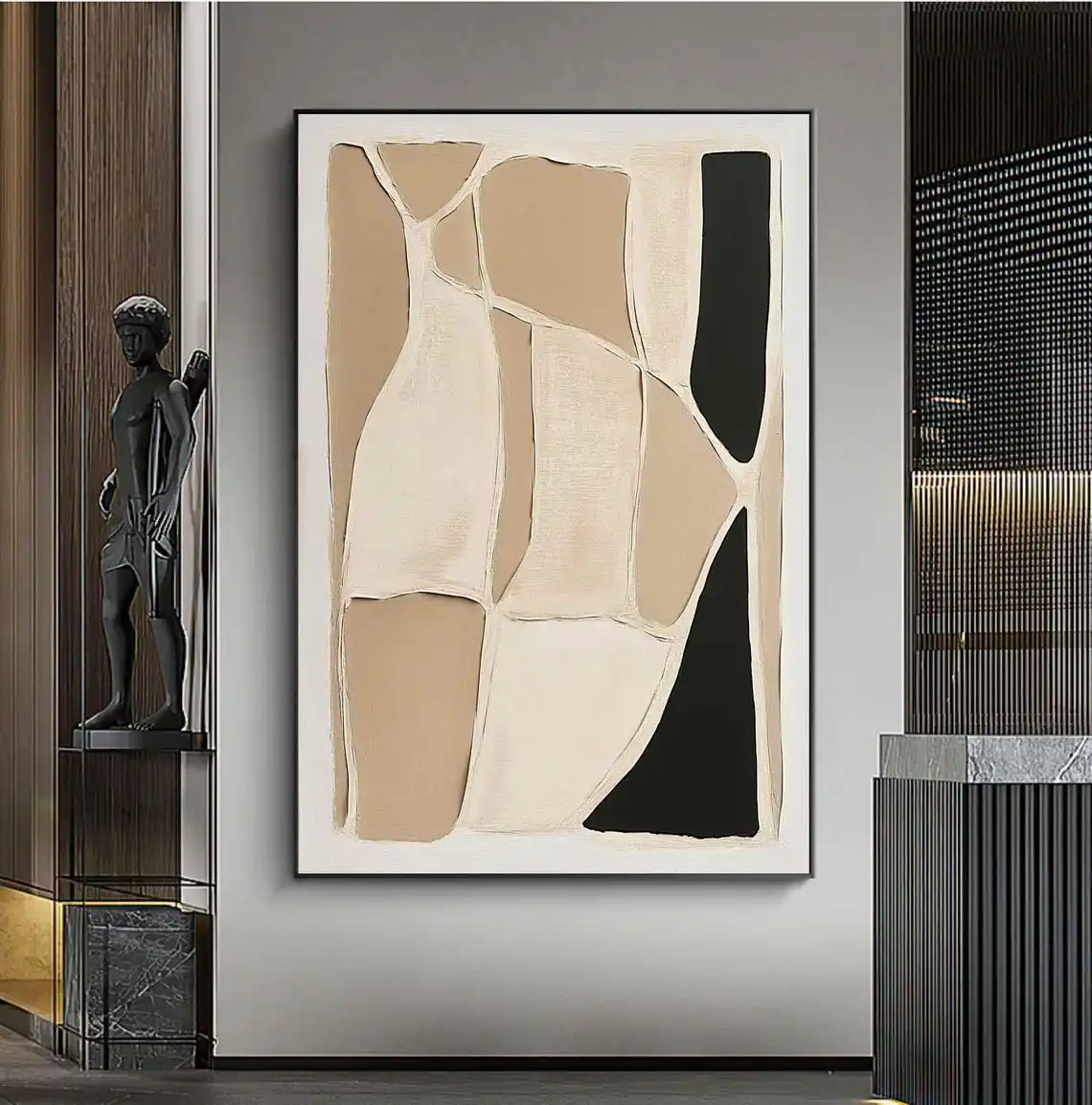 

Абстрактная картина ручной работы с текстурой холста для гостиной, черный, бежевый, минималистичный настенный художественный рисунок ваби-саби, современное украшение для дома