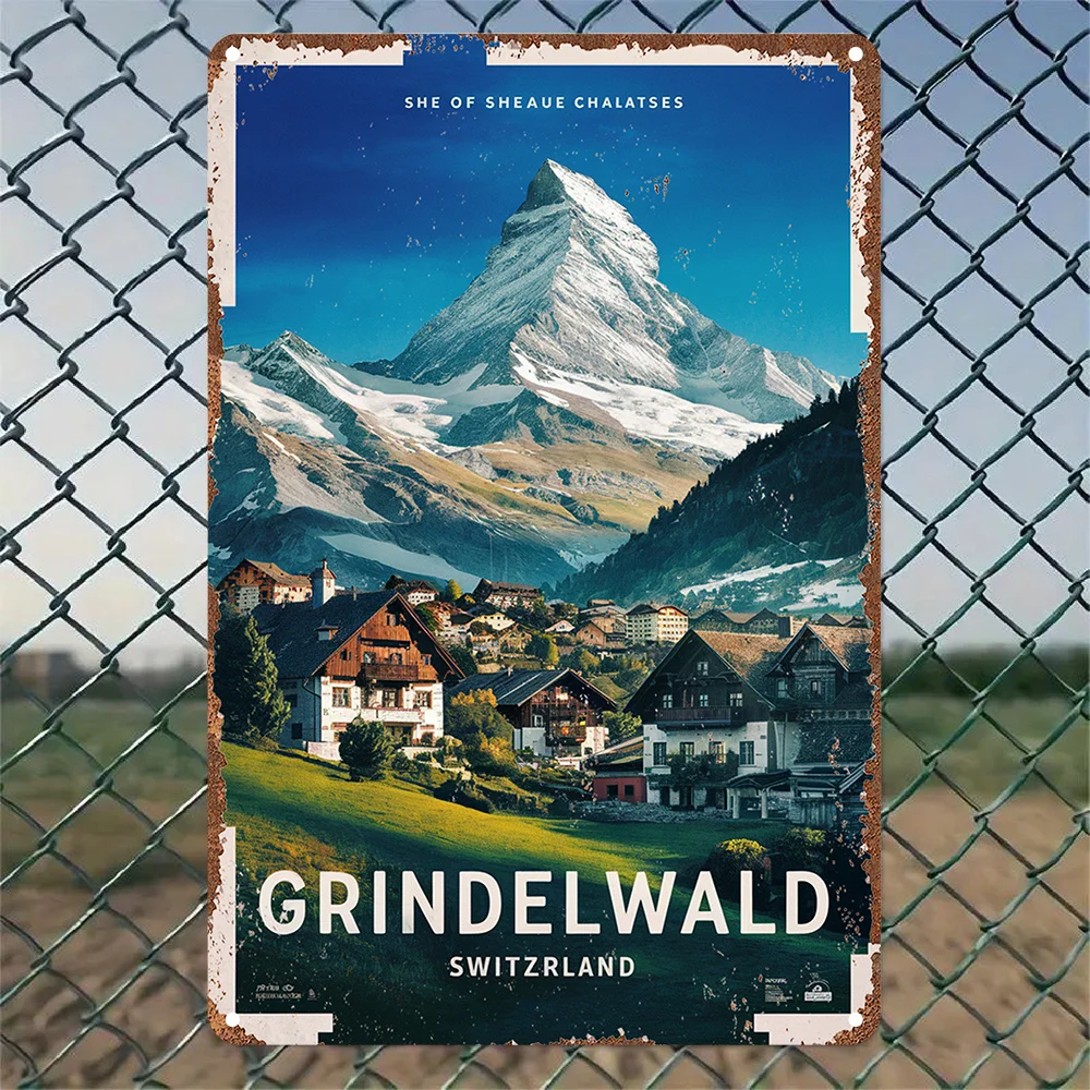 Vintage Grindelwald Swiss Metal Wall Art Sign 2D Flat Rustic Decor Indoor Outdoor for Home Bar Cafe Gift