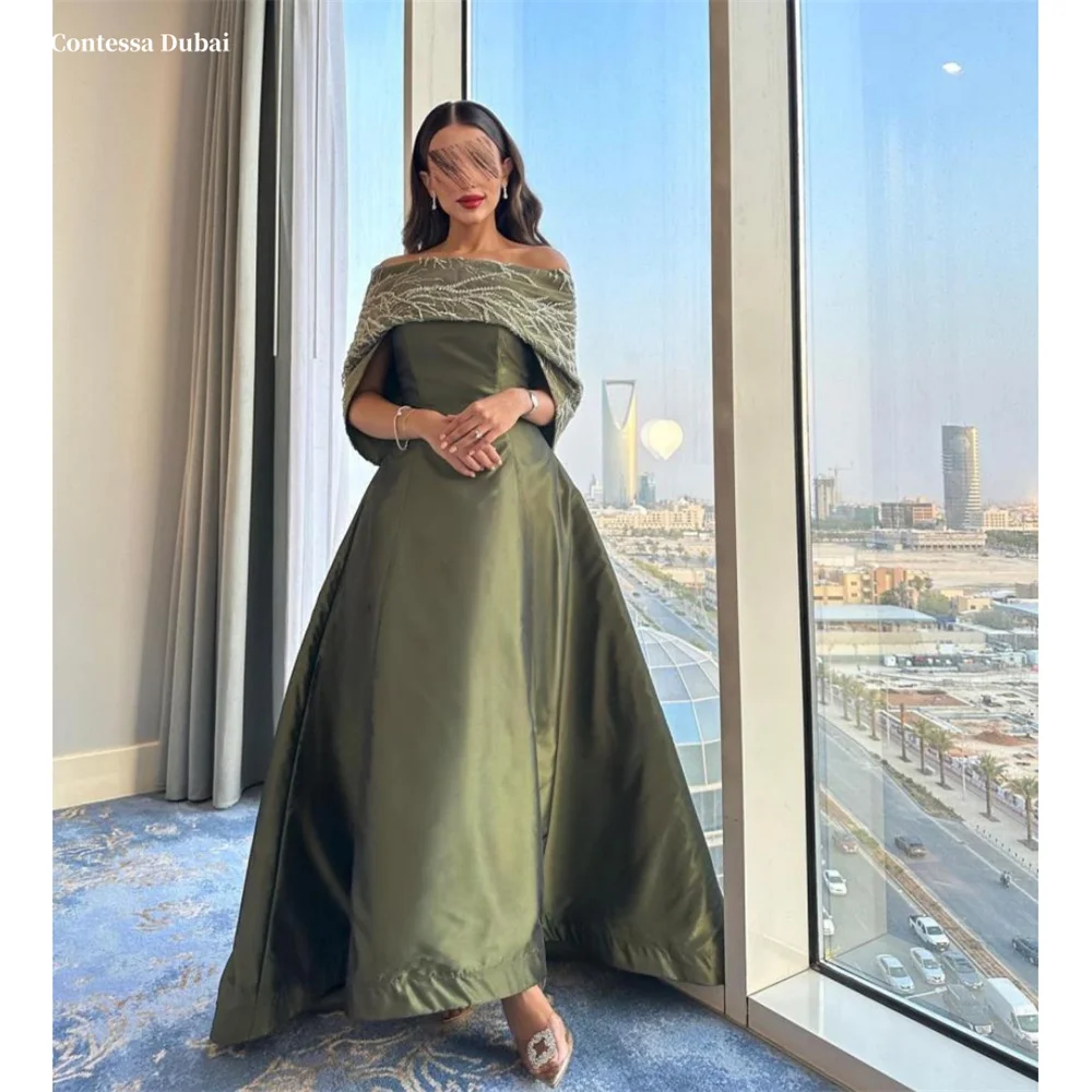 

Contessa Dubai Off Shoulder Shiny Collar Decoration Prom Dress A-Line Waist فساتين سهراتSweep Train Srobes de soirée
