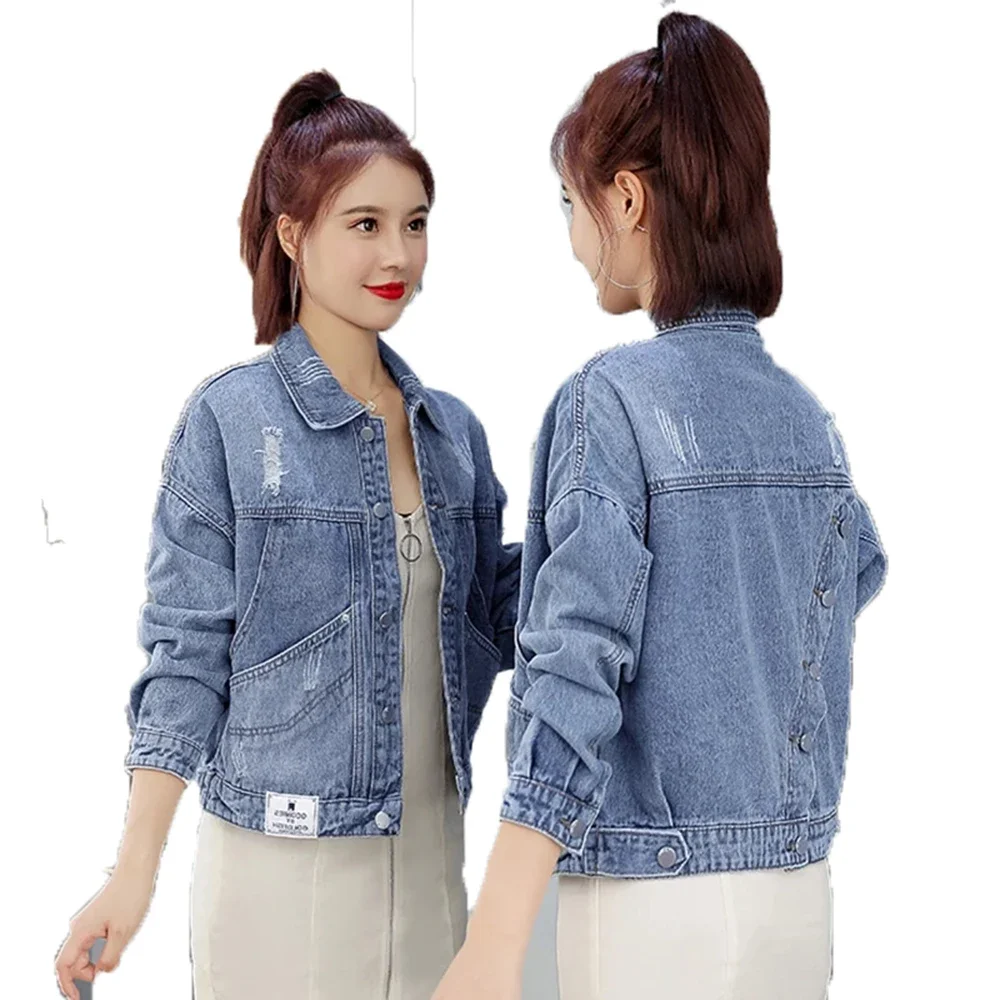 

Autumn Winter Short Denim Jacket Woman Ripped Jeans Overcoat Ladies Turn Down Collar Slim Vintage Pocket Jeans Coats