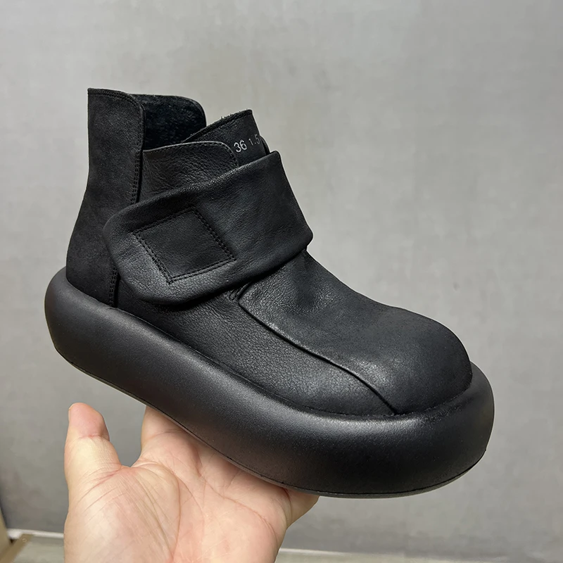 

Birkuir Retro Winter Plush Snow Boots Women Hook Loop Big Head Thick Heel Short Boots Genuine Leather Luxury Flat Platform Shoes