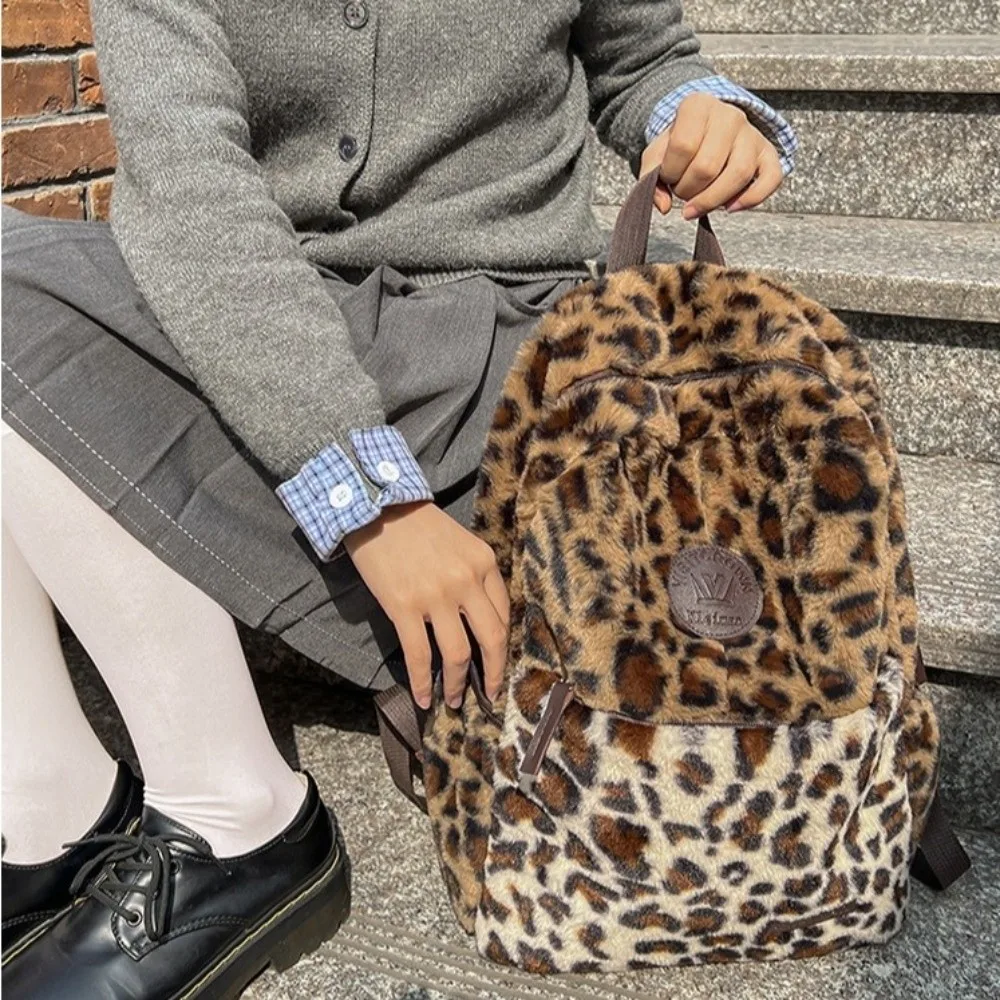 Retro Leopard Print Patchwork Backpack Multi-pocket Large Capacity Students Schoolbag with Adjustable Strap Travel Daypack