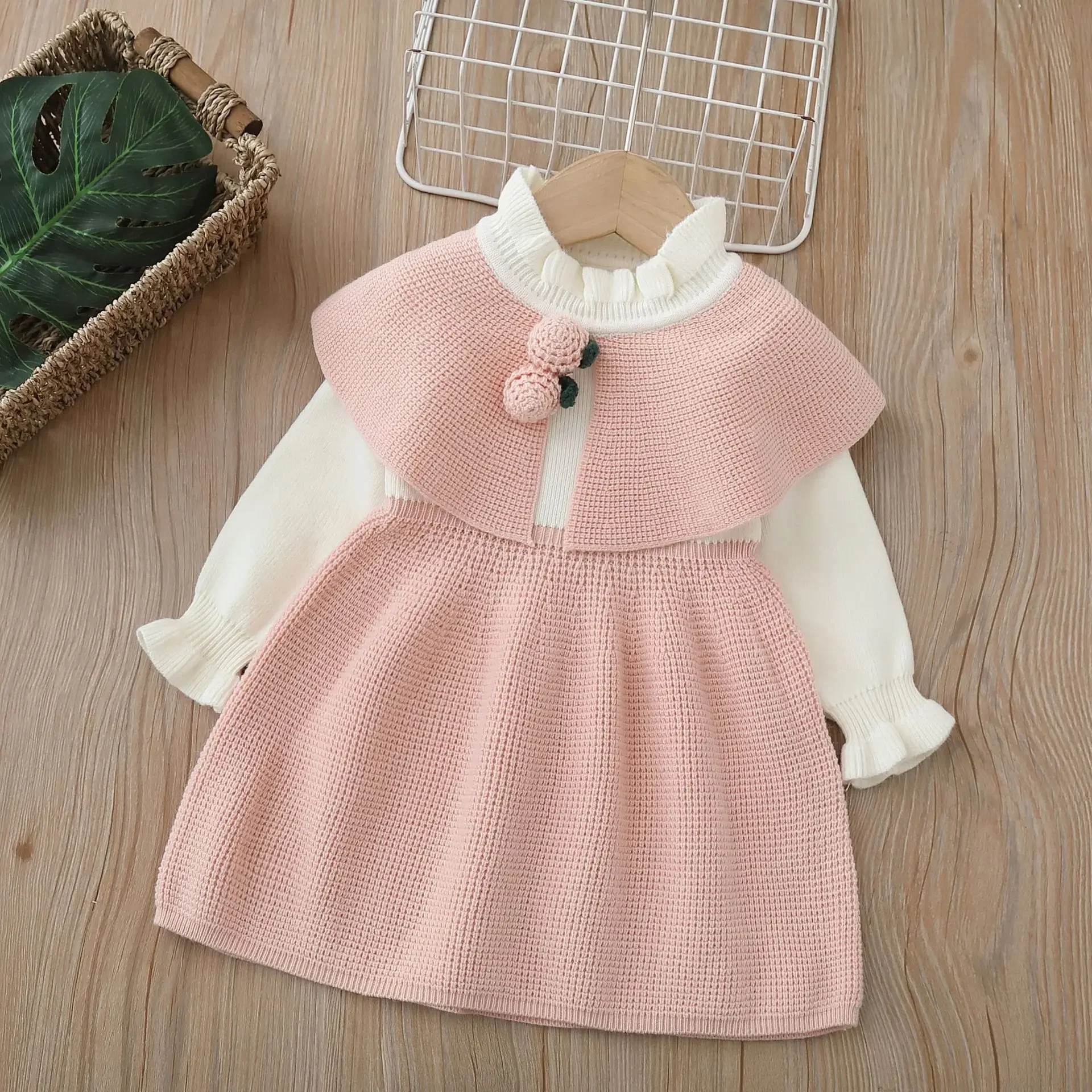 Girls Sweater Sweet Manual Knitting Dress Shawl Cloak Baby Childrens Clothing Flower Collar New Winter Style soild