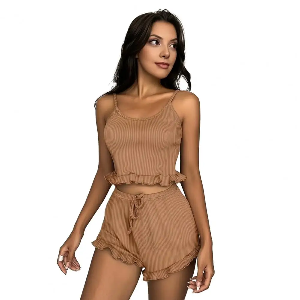 Girly Pajama Set Shorts Pajama Womens 2 Piece Pajama Set Spaghetti Strap Ruffle Trim Cami Top Shorts Knit Crop Top Lounge Set