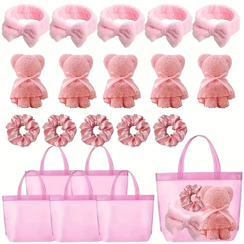 20 Spa-Geschenksets – 5 große Polyester-Beutel, 5 Stirnbänder, 5 Haarringe, 5 bärenförmige Stoffe – perfekt für Brautpartys, Einlegeln – Detail 2