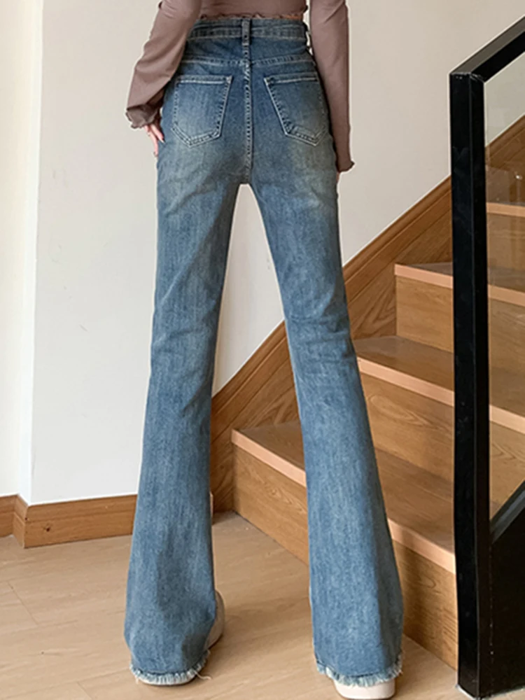 2024 Women Vintage Skinny Flare Jeans Lady Y2k Aesthetic Fashion Streetwear Pants Girls Retro Blue Black Boot Cut Denim Trousers