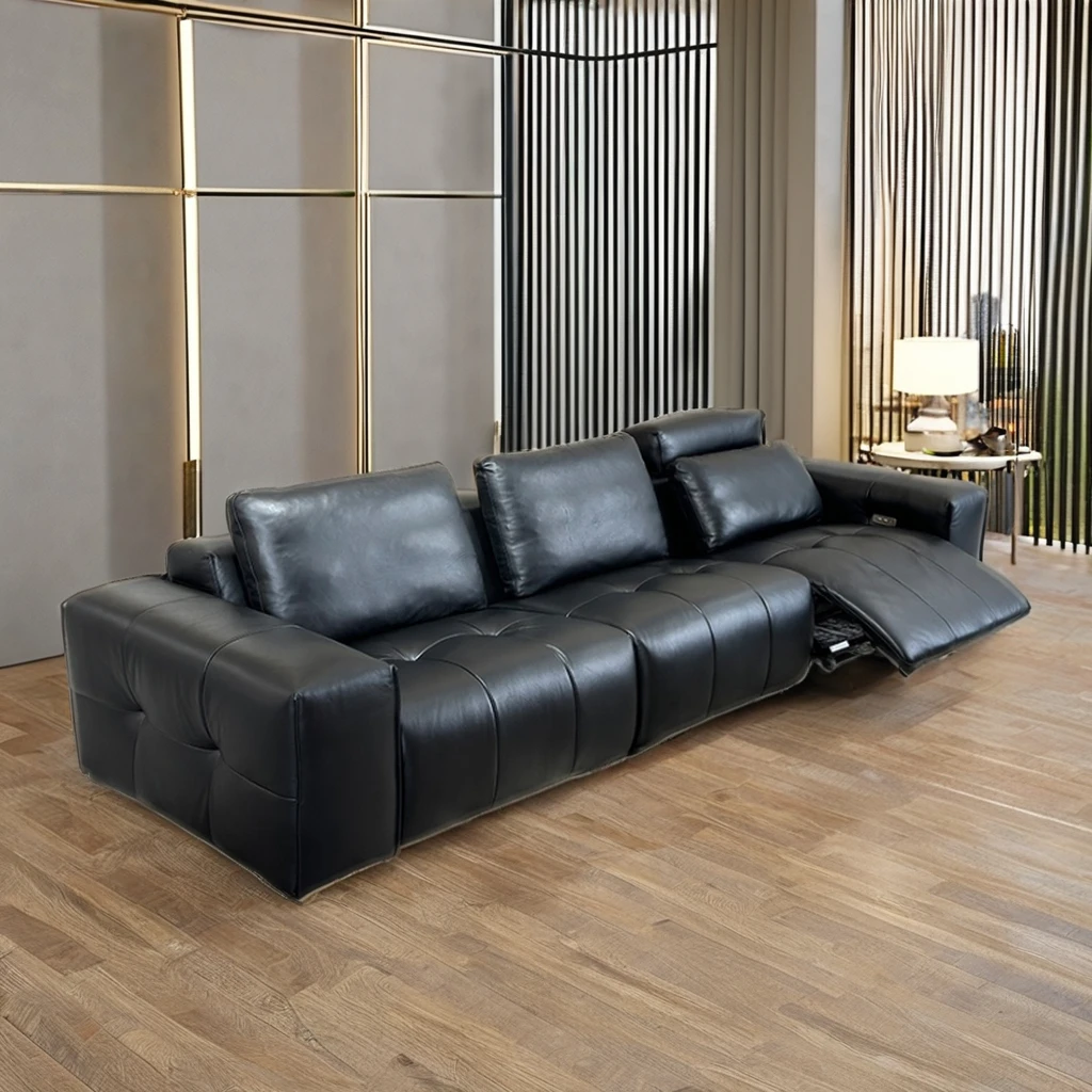 #Modern Three-Seat Modular Extendable Recliner Sofa Genuine Leather Upholstery Wood Frame Three-Layer 15cm Thick High-Resilience