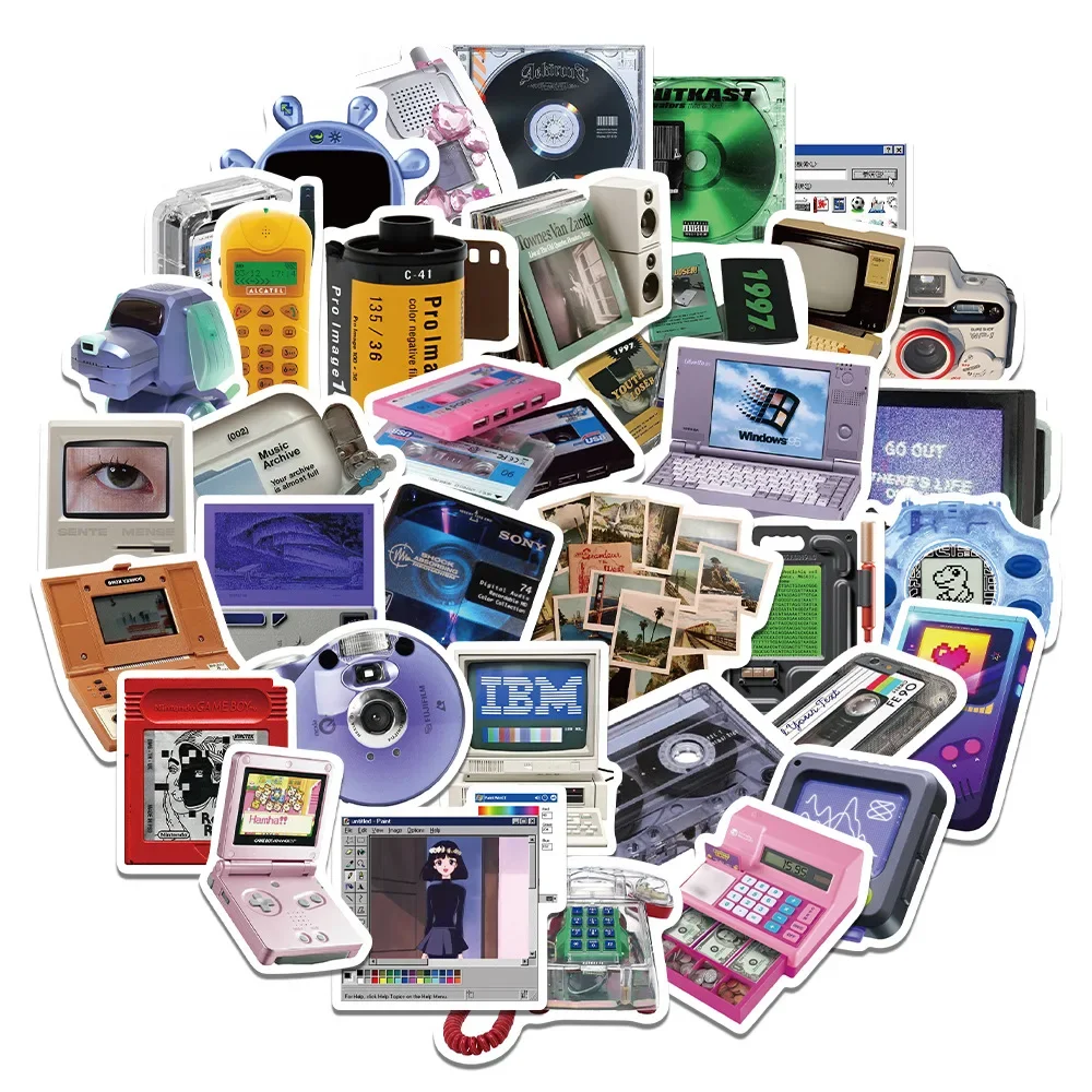 50 pçs telefone do vintage cd fita adesivos retro dos desenhos animados equipamentos decalques da motocicleta portátil mala notebook adesivo à prova dwaterproof água presentes