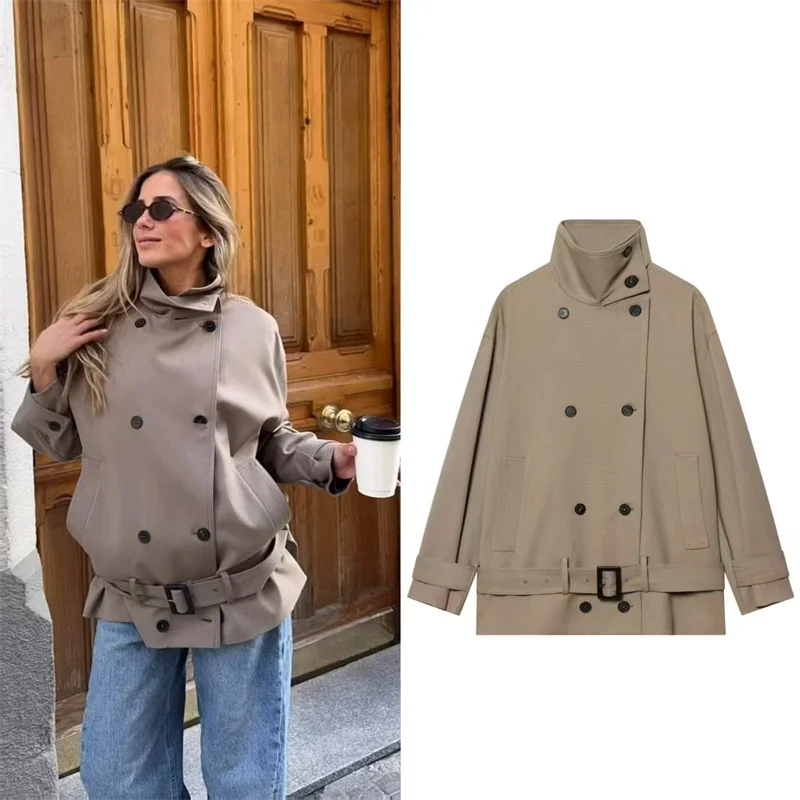 

Women's Coat 2026 Spring New Khaki Long-Sleeve British Style Double-Breasted Belted Short Trench Coat Fashionable and Stylish
