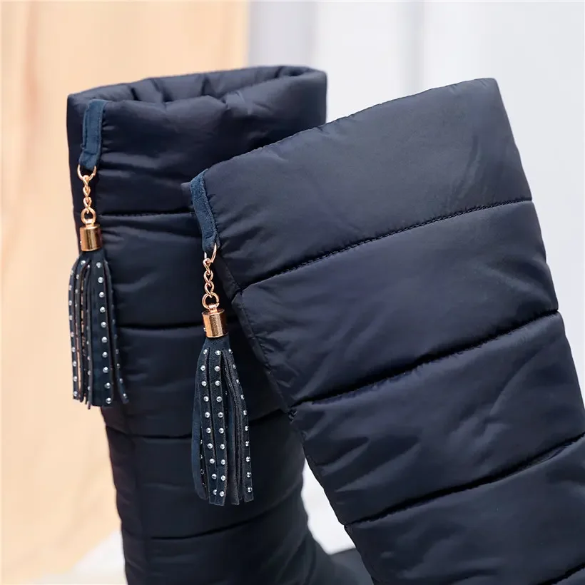 2020 Winter Women Snow Boots Platform Wedge High Heels Round Toe Black Red Down Plush Casual Travel Ladies Fringe Mid-calf Boots