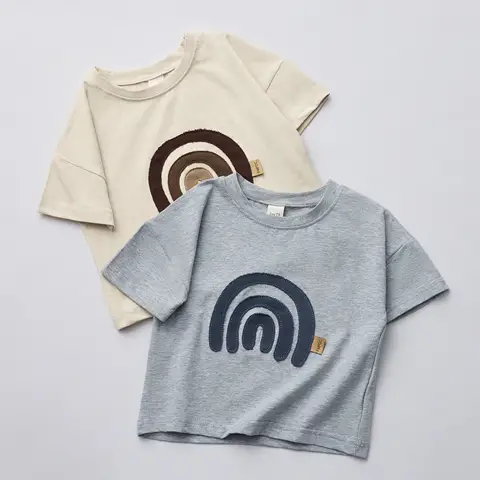 Yeni Bebek Yaz Erkek Kız Gökkuşağı Etiket Yuvarlak Boyun T-shirt Çocuklar % 95% Pamuklu Tişört Çocuk Giysileri rahat Bebek Kısa Kollu