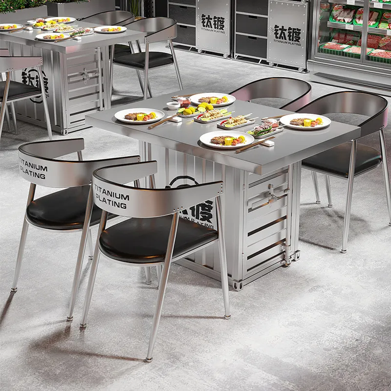 Industrial style stainless steel pot table Korean charcoal barbecue barbecue shop Commercial wrought iron dining table