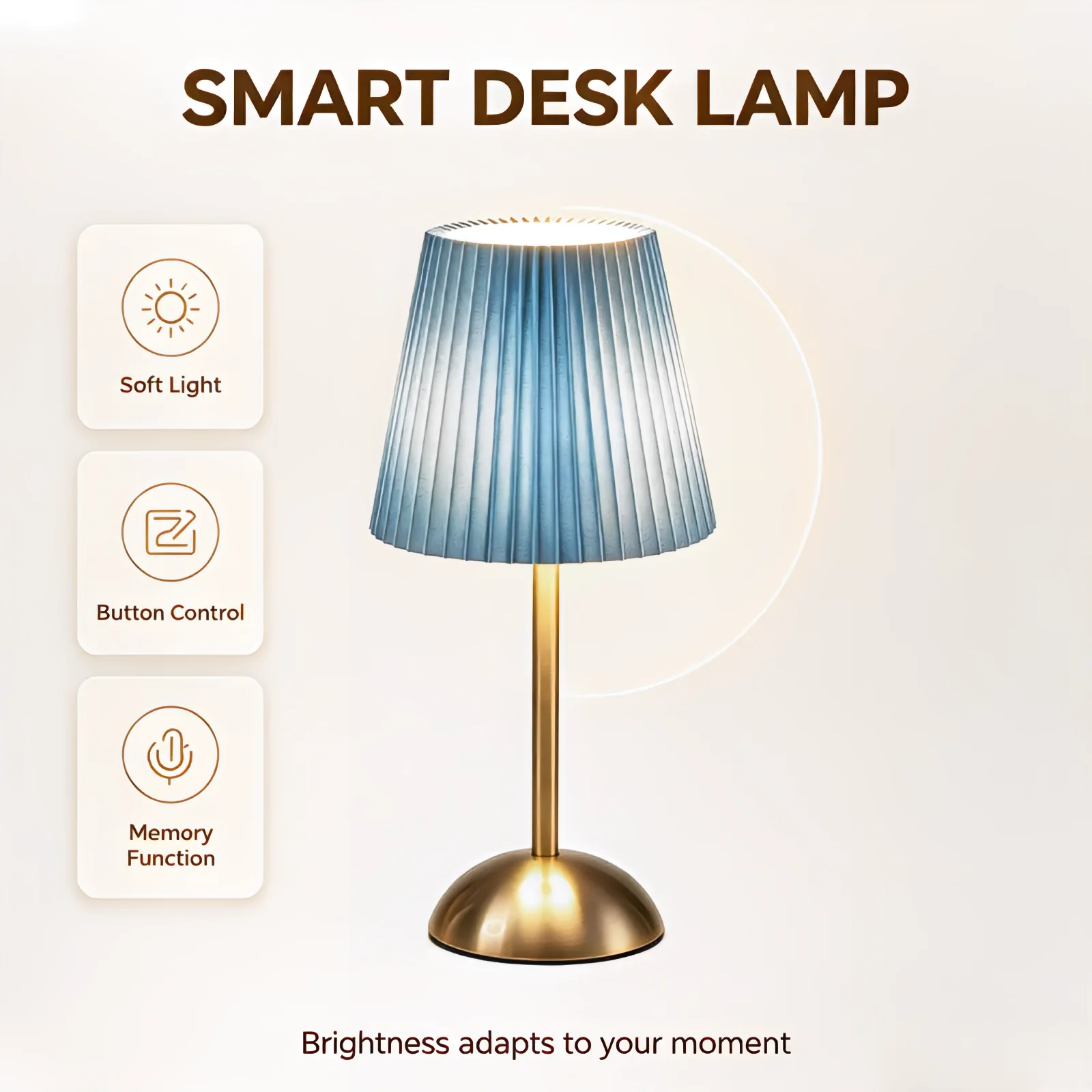 Teal Blue Pleated Fabric Shade USB Table Lamp, Elegant Gold Metal Base Decorative Desk Lamp, USB Control Bedside Lamp for Bedroo view 5