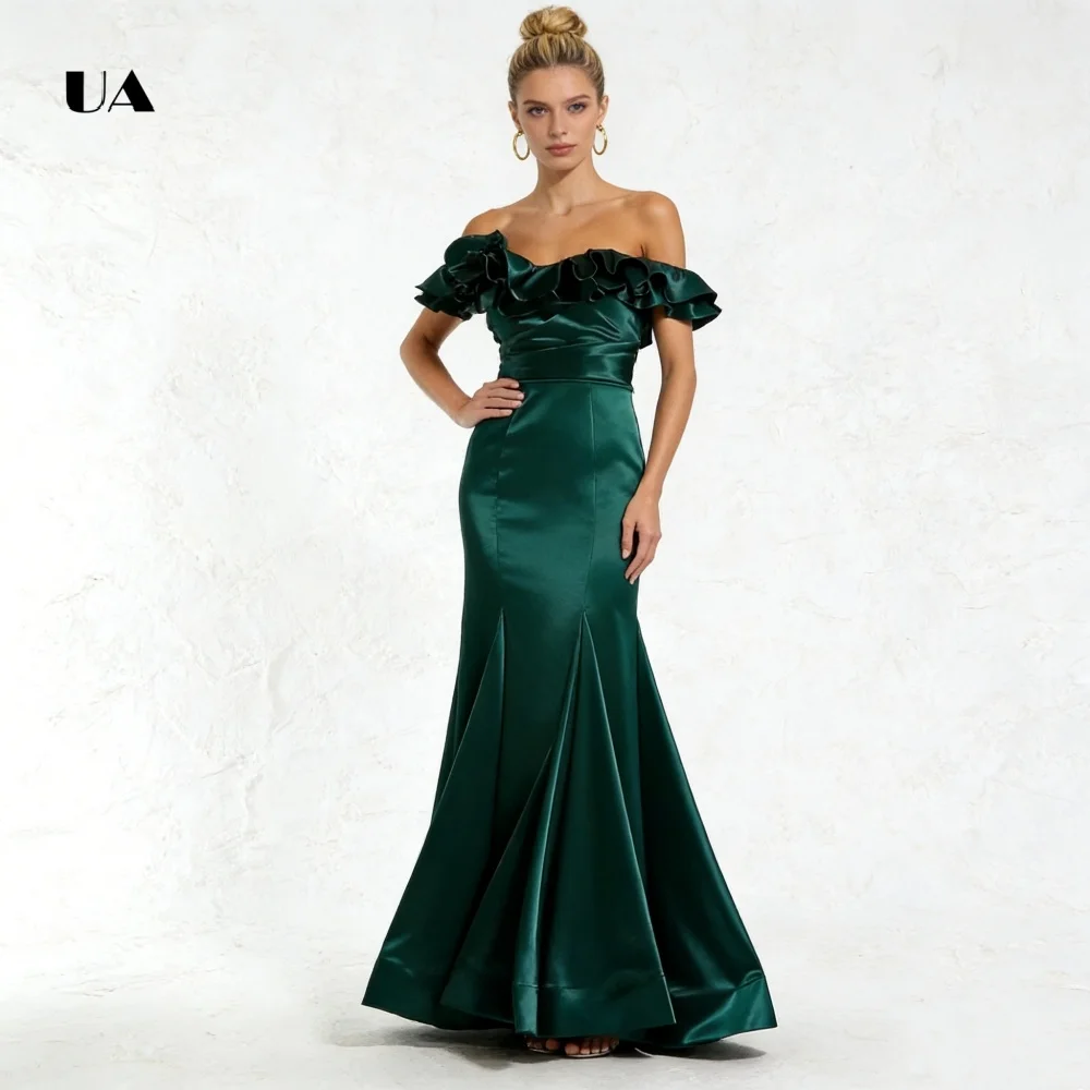 

ULBYANRY Satin Mermaid Prom Dress with Ruffled Off-the-shoulder, Solid Draped Evening Dresses for Women, Customized Party Gown