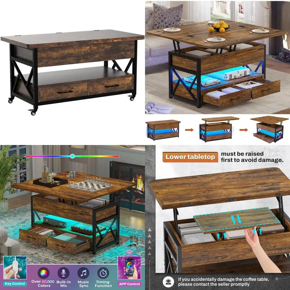 

40 LED-lit Coffee Table with Storage, 4-in-1 Functionality for Living and Dining Rooms, Rustic Brown