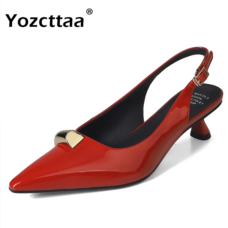 Yozcttaa Size 34-40 Genuine Leather Women Sandals Slingback Kitten Heels Summer Shoes Ins Sexy Pointy Backless Slides Sandals