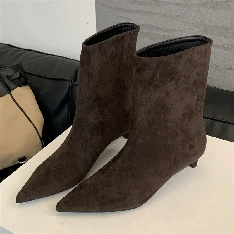 NONE Aneikeh Herbst Mode Hohe Qualität Spitz Vintage Stiefeletten Sexy Dünne Niedrigen Ferse Frauen Warme Ritter Slip Auf Party Schuhe 3