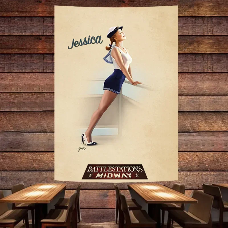 Beautiful Girls Navy Poster Banner Seductive Pin Up Art Flag Wall Painting Tapestry Bar Cafe Pub Man Cave Wall Decor Sticker