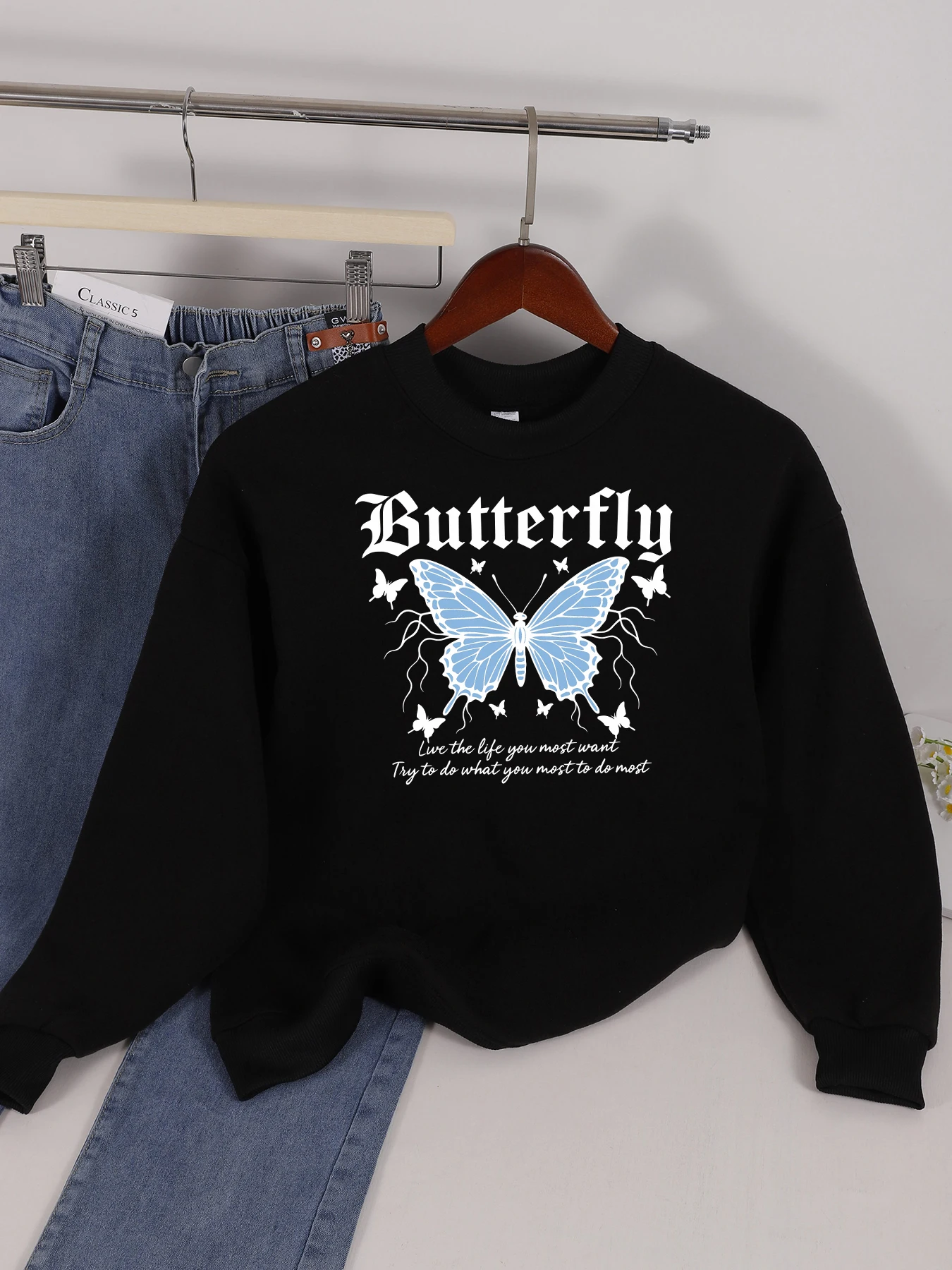 Sweat-shirt imprimé papillon bleu drôle Live In The Life pour femme, pull à col rond Y2K, polaire assorti avec tout, Streetwear, haut d'automne