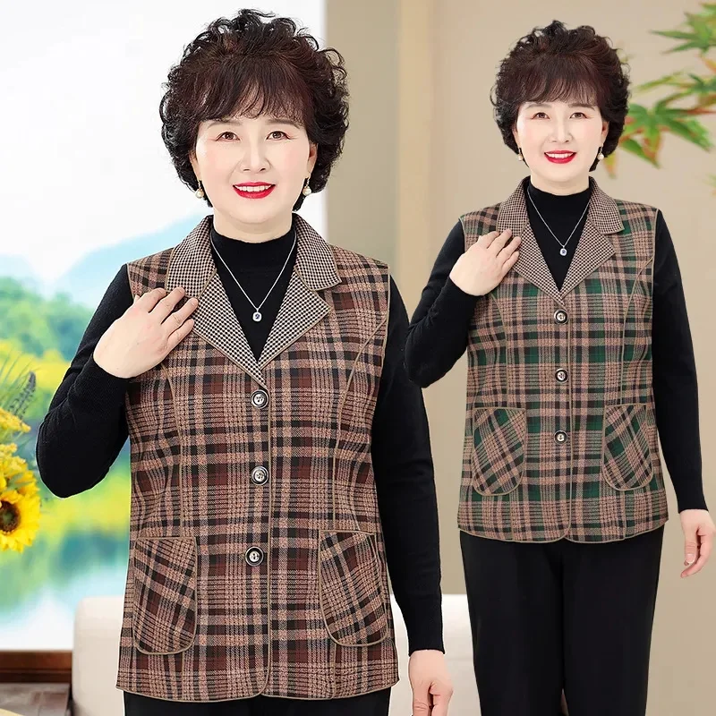 Middle Aged Mother Large Size 5XL Lattice Vest Outcoat Grandma's Outfit Thin Style Waistcoat Jacket Spring Female Sleeveless Top