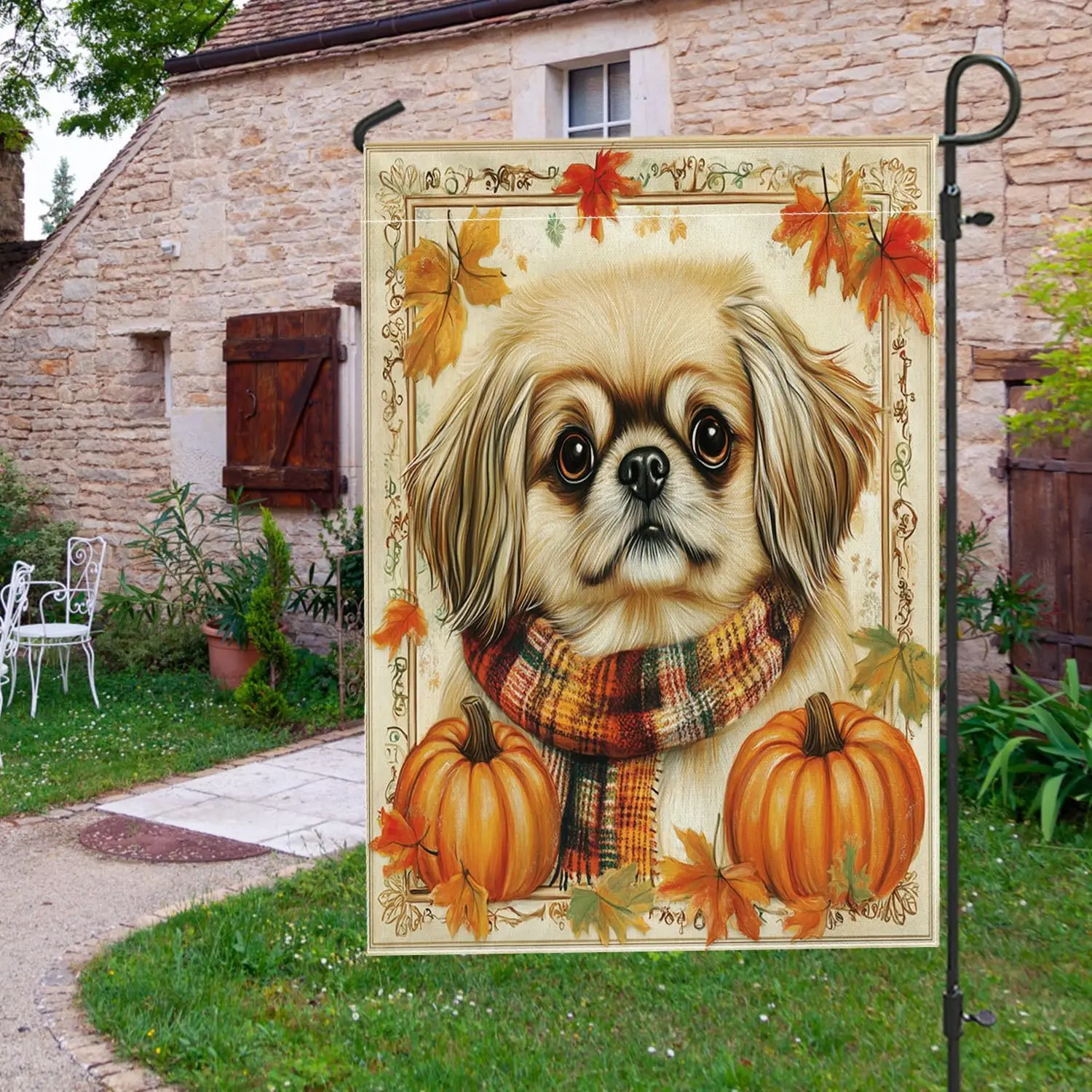 Fall Pekingese Dog Garden Flags 12x18 Inch for Outside, Autumn Vintage Puppy Standard Vertical Linen Flags for House, Pumpki yyi